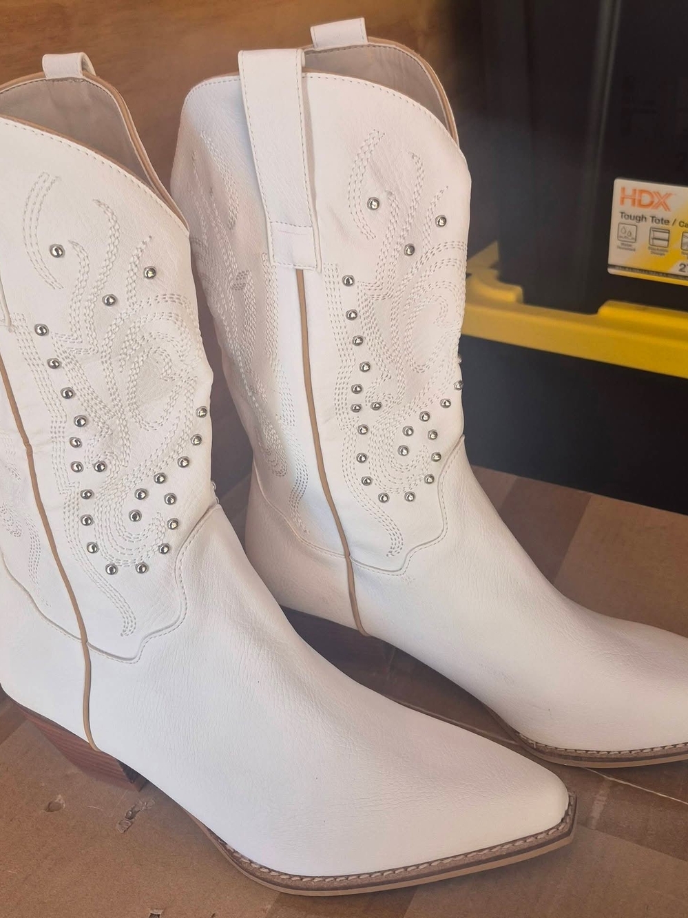 White Women's Western Cowboy Boots with Stud & Rhinestones Detail